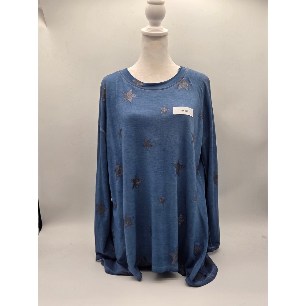 Cha Cha Vente Blue Star Print Long Sleeve Knit Top Size Small